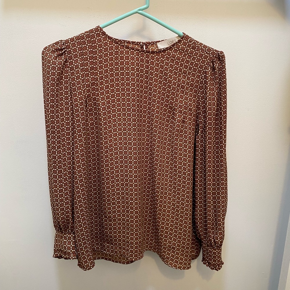 Loft Petite brown ruffle sleeve blouse Victorian Chiffon Blouse pleated sleeve